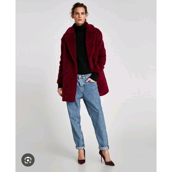 Zara Burgundy Wool Blend Double Breasted Thick Outdoor Pea Coat Size Small - Picture 1 of 9
